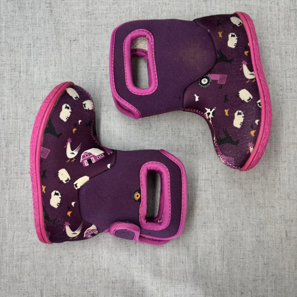 Bogs Baby Boots Purple Pink Farm Animal Print Waterproof‎ Insulated Kids Size 7